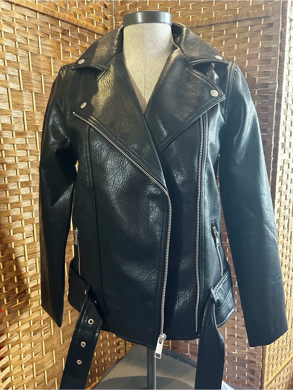 Black Faux Leather Moto Jacket Biker Zip Women’s Small NWOT